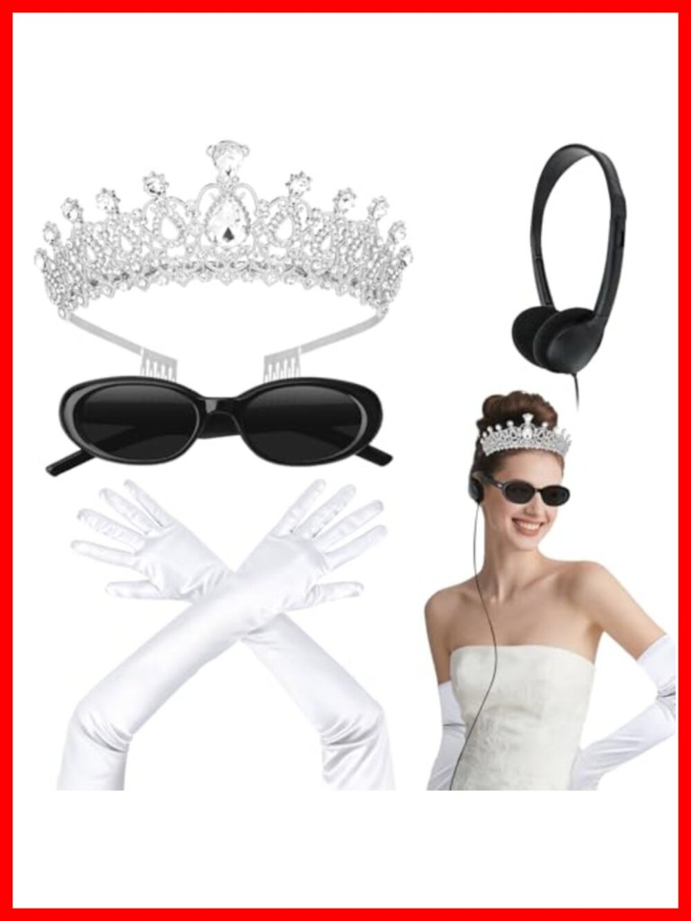 Princess Costume Accessory Set Crown Tiara Headband Long Gloves Sunglasses